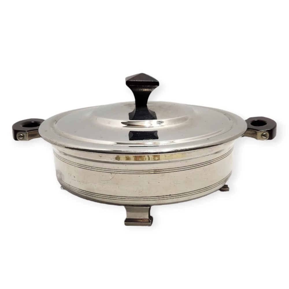 Manning Bowman Quality Metal Serving Dish with Lid Woodtone Plastic Handles